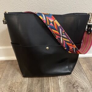 Bostanten Black Tote Bag with Colorful Strap Outer Pockets Magnet Close